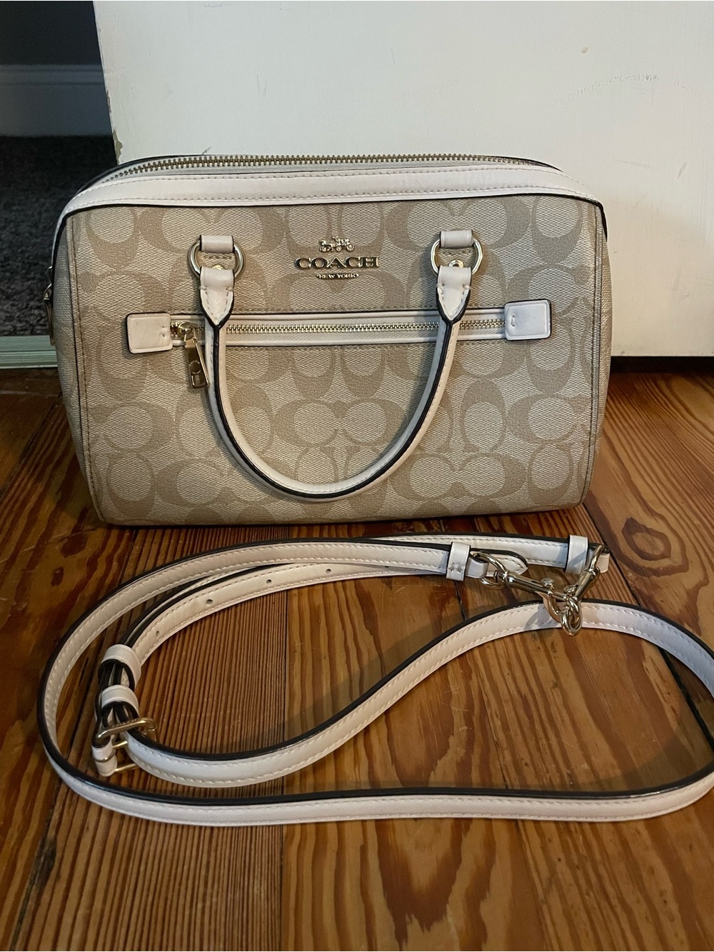 Coach Beige/Chalk Signature Satchel with Convertible Strap
